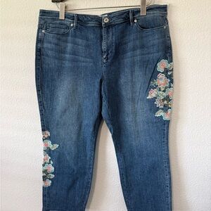 J. Jill Blue Denim Ankle Jeans with Floral Embroidery